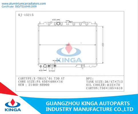 X - AUTO-Heizkörper Soem 21460 des HINTER-01 Kühlsystem-T30 Aluminium- 8H900 AN PA16mm fournisseur