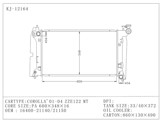 M.Ü.aluminiumselbstheizkörper-Unterstützung Toyota Corolla 01 - 04 ZZE122 fournisseur