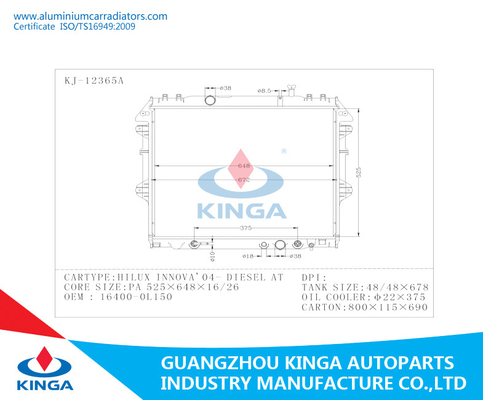 Toyota Camry-Heizkörper-Aluminium- Heizkörper für INNOVA'04 DIESEL-KUN40 AN fournisseur