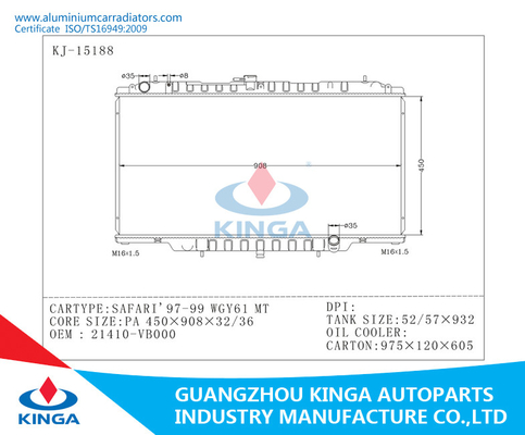 Kühlsystem-Industrie-Aluminiumauto-Heizkörper für Nissan SAFARI'97-99 WGY61 M.Ü. 21410-VB000 fournisseur