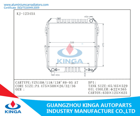 Selbstauto-Heizkörper für Toyota Vzn10#/11#/13# 89-95 am Aluminiumkern mit Plastikbehältern fournisseur