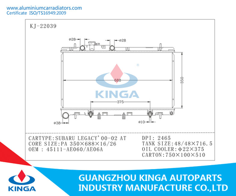 SUBARU-Aluminiumauto-Heizkörper, klassischer Heizkörper für LEGACY'00-02 BEI 13,78 `„× 27 `“ fournisseur